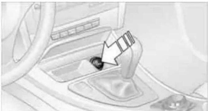 Interior view of a car showing a gear shift lever with a hand pointing to the wheel (no text or symbols visible)