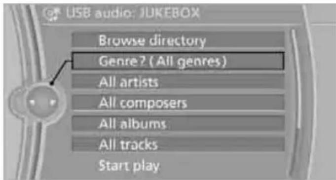 USB audio: JUKEBOX Browse directory Genre? (All genres) All artists All composers All albums All tracks Start play