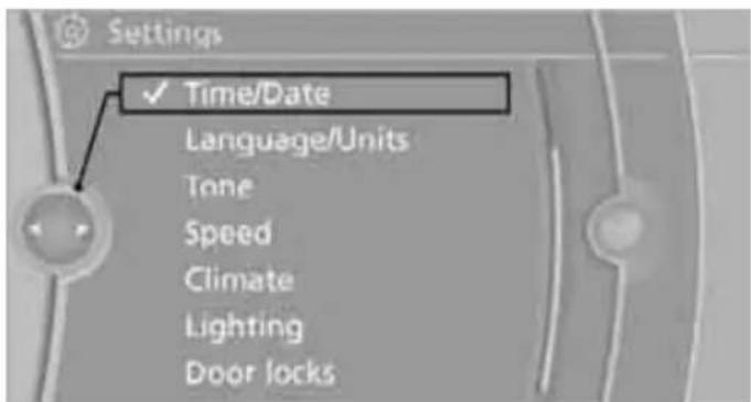 Settings ✓ Time/Date Language/Units Tone Speed Climate Lighting Door locks