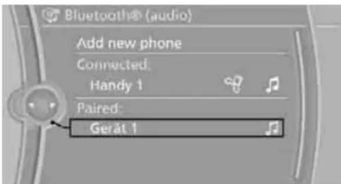 Bluetooth® (audio) Add new phone Connected: Handy 1 Paired: Gerät 1