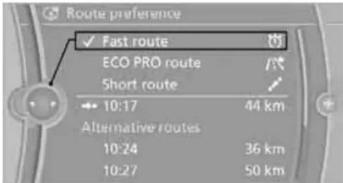Route preference ✓ Fast route ECO PRO route Short route 10:17 44 km Alternative routes 10:24 36 km 10:27 50 km