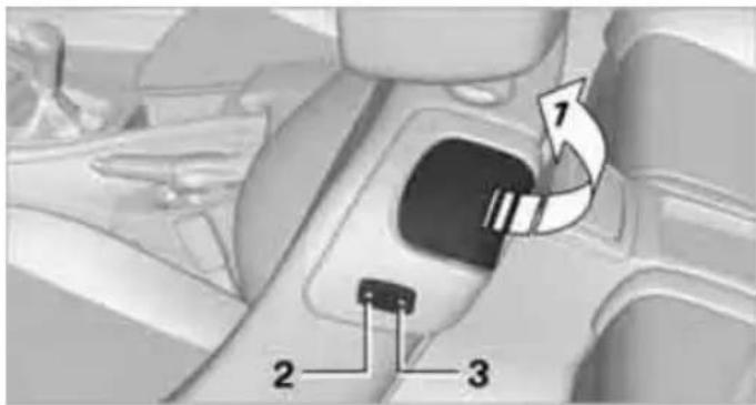 Diagram of car interior showing seatbelt and labeled parts with numbered annotations