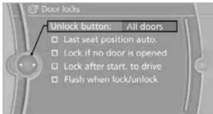 Door locks Unlock button: All doors □ Last seat position auto. □ Lock if no door is opened □ Lock after start. to drive □ Flash when lock/unlock