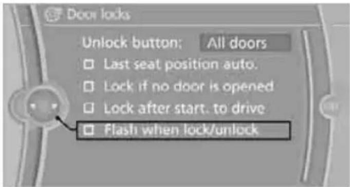 Door locks Unlock button: All doors □ Last seat position auto. □ Lock if no door is opened □ Lock after start. to drive □ Flash when lock/unlock