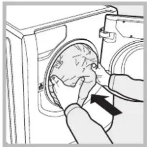 Illustration of hands installing or adjusting a circular component inside a washing machine (no text or symbols visible)