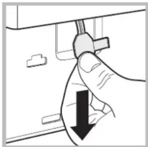 Hand holding a cable with a black downward arrow indicating a drop or direction (no text or symbols present)