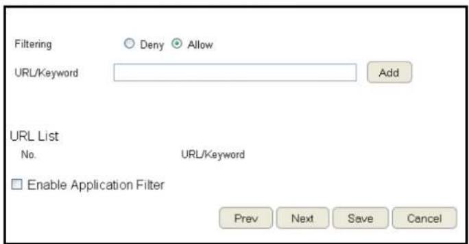 Filtering Deny Allow URL/Keyword Add URL List No. URL/Keyword Enable Application Filter Prev Next Save Cancel