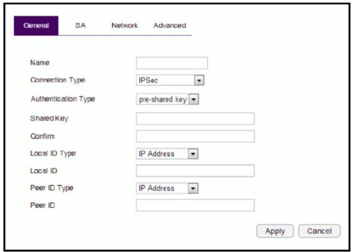 General SA Network Advanced Name Connection Type IPSec Authentication Type pre-shared key SharedKey Confirm Local ID Type IP Address Local ID Peer ID Type IP Address Peer ID Apply Cancel