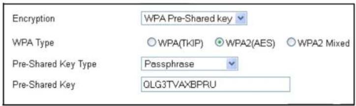 Encryption WPA Pre-Shared key WPA Type ○ WPA(TKIP) ○ WPA2(AES) ○ WPA2 Mixed Pre-Shared Key Type Passphrase Pre-Shared Key QLG3TVAXBPRU
