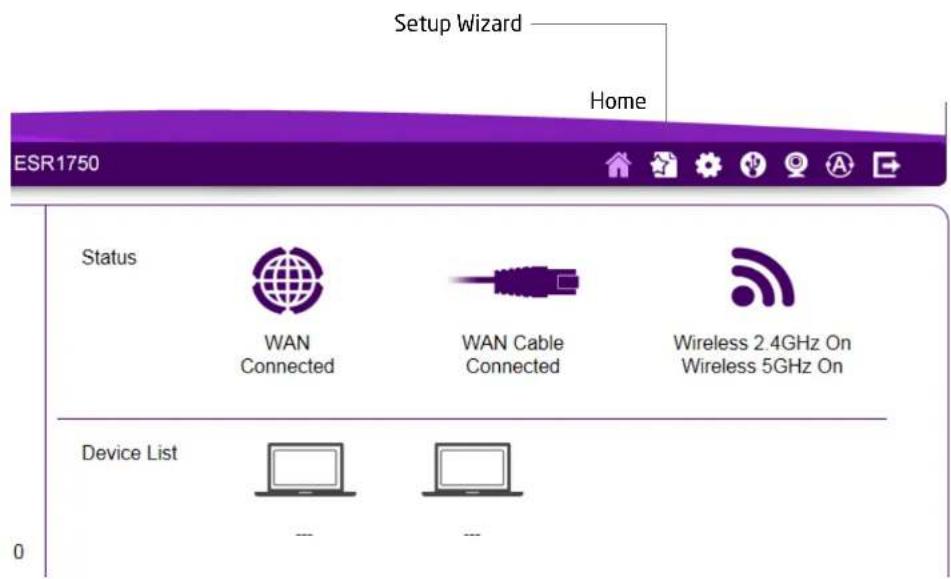 Setup Wizard Home ESR1750 Status WAN Connected WAN Cable Connected Wireless 2.4GHz On Wireless 5GHz On Device List ---