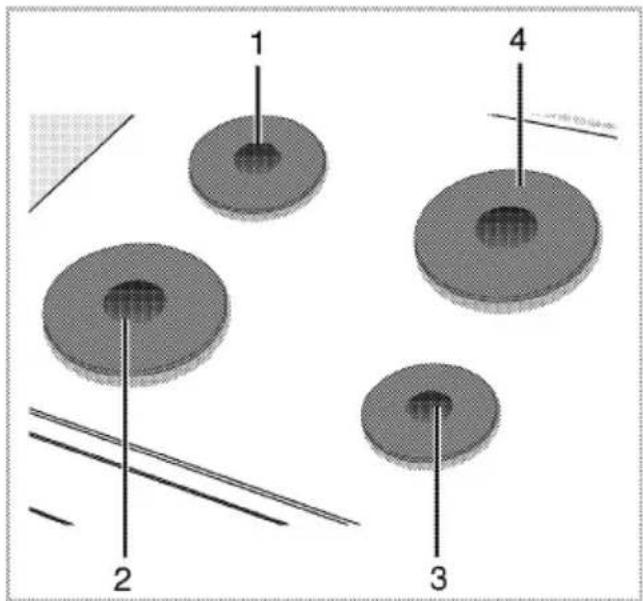 Technical diagram showing four labeled circular components with pins, likely illustrating a mechanical or architectural assembly.