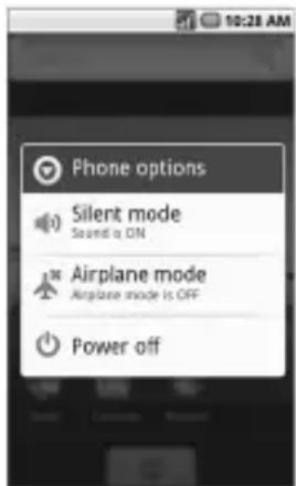 Phone options Silent mode Sound is ON Airplane mode Airplane mode is OFF Power off