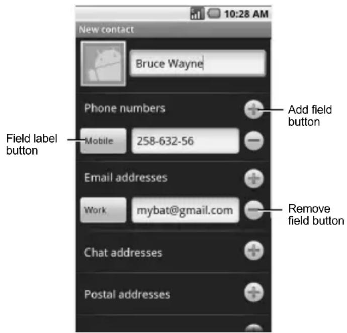 10:28 AM New contact Bruce Wayne Phone numbers Add field button Mobile 258-632-56 Email addresses Work mybat@gmail.com Remove field button Field label button Chat addresses Postal addresses