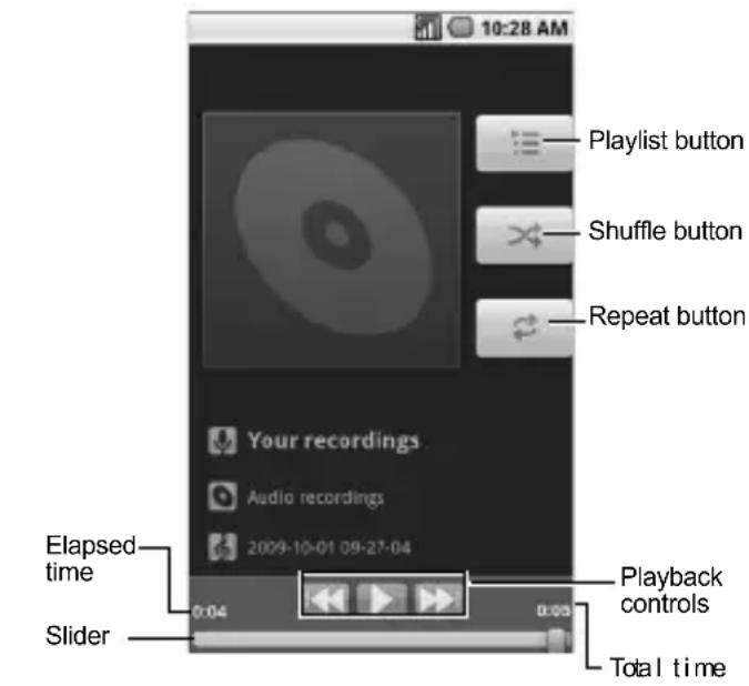 10:28 AM Playlist button Shuffle button Repeat button Your recordings Audio recordings 2009-10-01 09-27-04 Elapsed time Slider Playback controls Total time