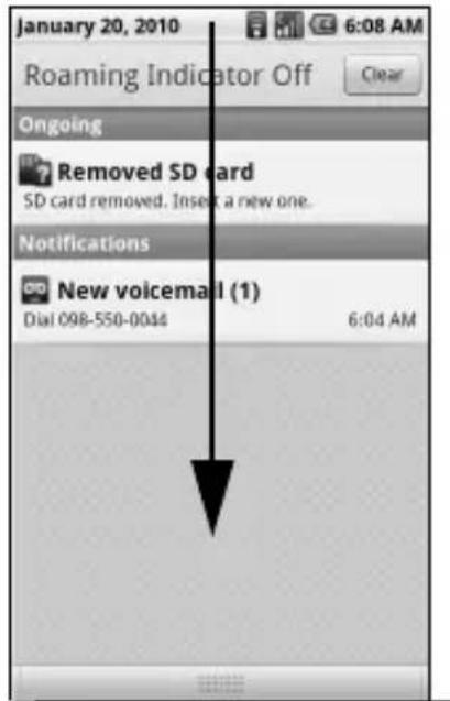 January 20, 2010 6:08 AM Roaming Indicator Off Clear Ongoing Removed SD card SD card removed. Insert a new one. Notifications New voicemail (1) Dial 098-550-0044 6:04 AM