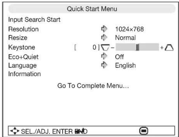 Quick Start Menu Input Search Start Resolution 1024×768 Resize Normal Keystone [ 0] - + Eco+Quiet Off Language English Information Go To Complete Menu... SEL./ADJ. ENTER END