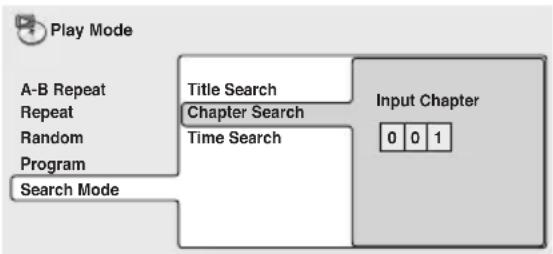 graph TD A["A-B Repeat"] --> B["Title Search"] C["Repeat"] --> D["Chapter Search"] E["Random"] --> F["Time Search"] G["Program"] --> H["Search Mode"] I["Input Chapter"] --> J["0 0 1"]