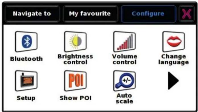 Navigate to My favourite Configure Bluetooth Brightness control Volume control Change language Setup POI Show POI Auto scale