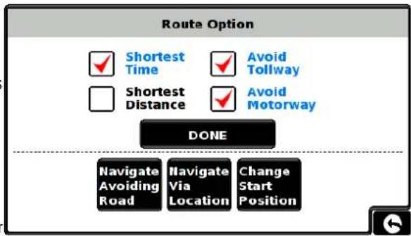 Route Option Shortest Time Avoid Tollway Shortest Distance Avoid Motorway DONE Navigate Avoiding Road Navigate Via Location Change Start Position