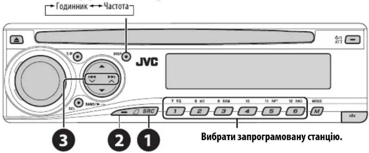 Годинник ← Частота JVC 3 2 1 Вибрати запрограмовану станцію.