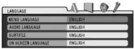 LANGUAGE MENU LANGUAGE ENGLISH AUDIO LANGUAGE ENGLISH SUBTITLE ENGLISH ON SCREEN LANGUAGE ENGLISH