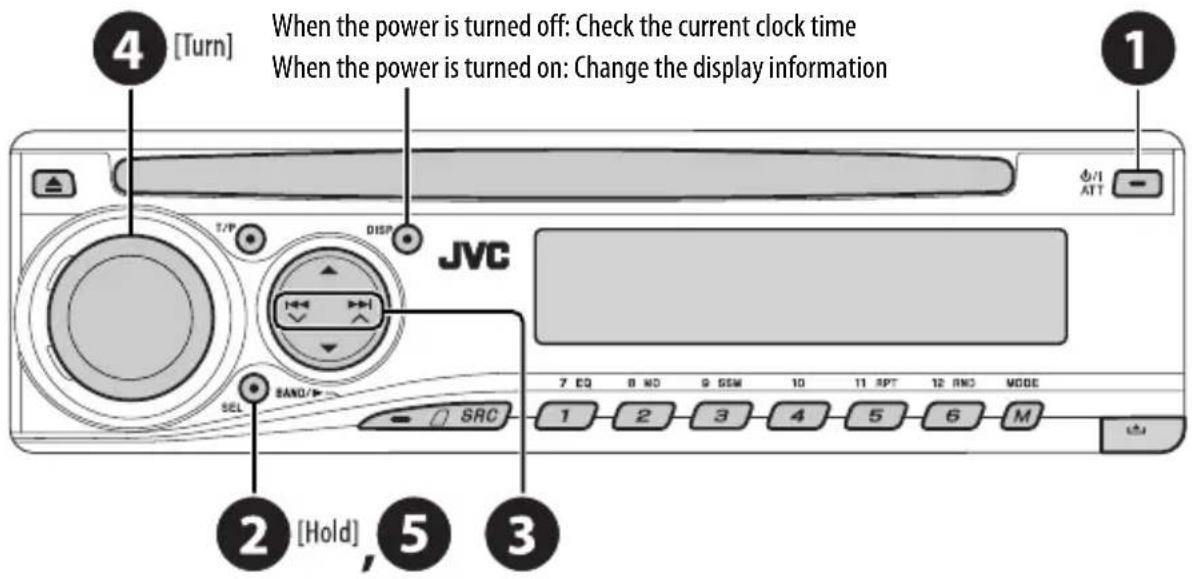 When the power is turned off: Check the current clock time When the power is turned on: Change the display information 4 [Turn] JVC T/P DISP SOL BAND/P SRC 7 EQ 8 NO 9 SEM 10 11 SPT 12 RNO MODE 1 2 3 4 5 6 M 2 [Hold] 3