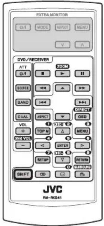 EXTRA MONITOR OUT MODE ASPECT MENU V A DVD/RECEIVER ATT ZOOM OUT SOURCE BAND DUAL VOL + 2nd VOL - SHIFT OD C DIRECT OBD TOP N △ MENU ENTER P SETUP RETURN SURROUND JVC RM-REC41