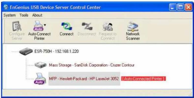 EnGenius USB Device Server Control Center System Tools About Configure Server Auto-Connect Printer Connect Disconnect Request to Connect Network Scanner ESR-750H - 192.168.1.220 Mass Storage · SanDisk Corporation · Cruzer Contour MFP · Hewlett-Packard · HP LaserJet 3052 [Auto-Connected Printer]