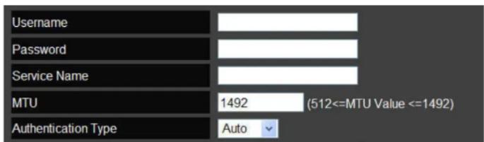 Username Password Service Name MTU 1492 (512<=MTU Value <=1492) Authentication Type Auto