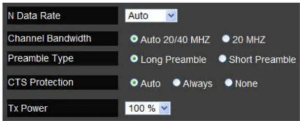 N Data Rate Channel Bandwidth Preamble Type CTS Protection Tx Power Auto Auto 20/40 MHZ 20 MHZ Long Preamble Short Preamble Auto Always None 100 %