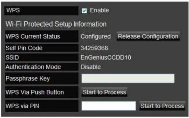 WPS Enable Wi-Fi Protected Setup Information WPS Current Status Configured Release Configuration Self Pin Code 34259368 SSID EnGeniusCCDD10 Authentication Mode Disable Passphrase Key WPS Via Push Button Start to Process WPS via PIN Start to Process