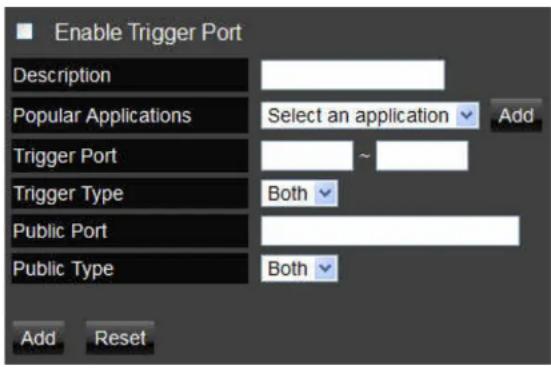 Enable Trigger Port Description Popular Applications Select an application Add Trigger Port Trigger Type Both Public Port Public Type Both Add Reset
