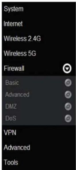 System Internet Wireless 2.4G Wireless 5G Firewall Basic Advanced DMZ DoS VPN Advanced Tools