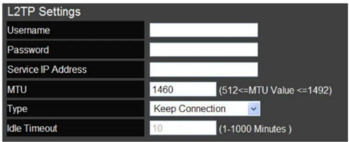 L2TP Settings Username Password Service IP Address MTU 1460 (512<=MTU Value <=1492) Type Keep Connection Idle Timeout 10 (1-1000 Minutes )