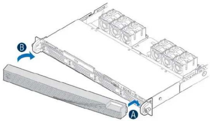 Diagram of a server rack with labeled components A and B, showing internal hardware layout and component positioning.