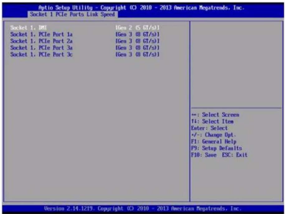 Aptio Setup Utility - Copyright (C) 2010 - 2013 American Megatrends, Inc. Socket 1 PCIe Ports Link Speed Socket 1. DMI [Gen 2 (S GT/s)] Socket 1. PCIe Port 1a [Gen 3 (B GT/s)] Socket 1. PCIe Port 2a [Gen 3 (B GT/s)] Socket 1. PCIe Port 3a [Gen 3 (B GT/s)] Socket 1. PCIe Port 3c [Gen 3 (B GT/s)] +: Select Screen F1: Select Item Enter: Select •/-: Change Opt. F1: General Help F9: Setup Defaults F10: Save ESC: Exit Version 2.14.1219. Copyright (C) 2010 - 2013 American Megatrends, Inc.