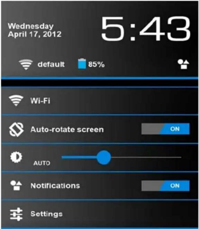 Wednesday April 17, 2012 5:43 default 85% Wi-Fi Auto-rotate screen ON AUTO Notifications ON Settings
