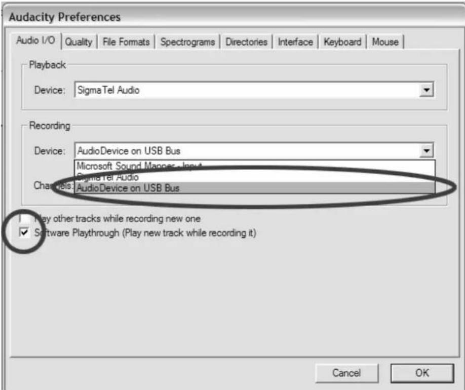 Audacity Preferences Audio I/O | Quality | File Formats | Spectrograms | Directories | Interface | Keyboard | Mouse | Playback Device: SigmaTel Audio Recording Device: AudioDevice on USB Bus Microsoft Sound Mapper - Input Sigma Tel Audio Channels: AudioDevice on USB Bus Play other tracks while recording new one Software Playthrough (Play new track while recording it) Cancel OK