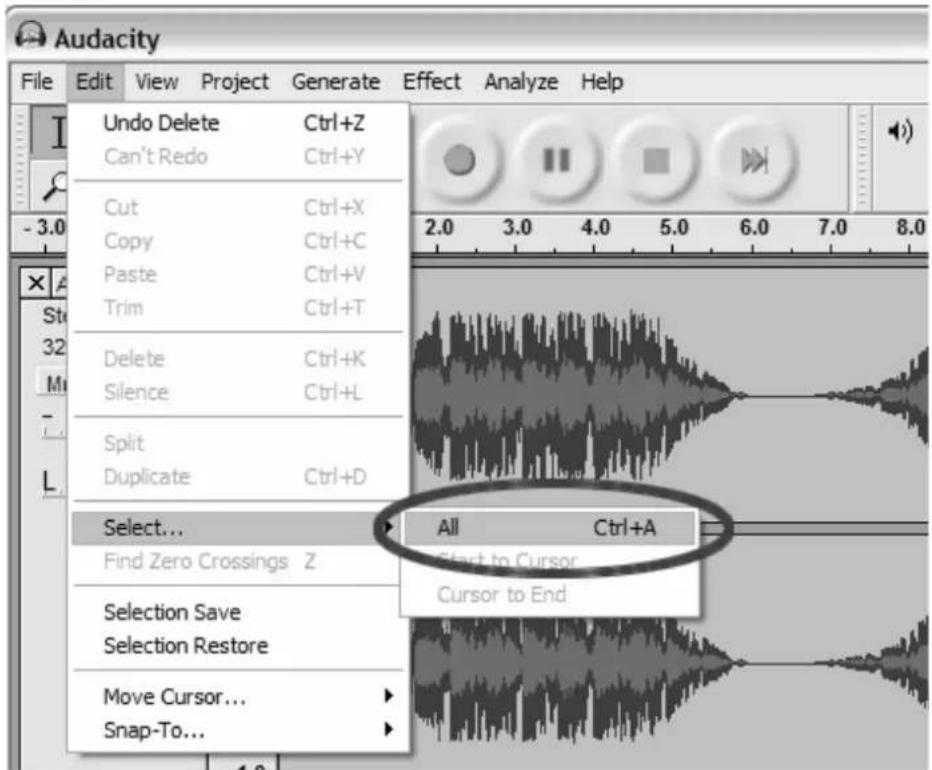 Audacity File Edit View Project Generate Effect Analyze Help Undo Delete Ctrl+Z Can't Redo Ctrl+Y Cut Ctrl+X Copy Ctrl+C Paste Ctrl+V Trim Ctrl+T Delete Ctrl+K Silence Ctrl+L Split Duplicate Ctrl+D Select... Find Zero Crossings Z Selection Save Selection Restore Move Cursor... Snap-To... All Ctrl+A Start to Cursor... Cursor to End