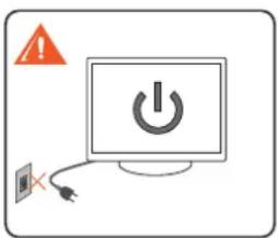 Warning symbol and power button diagram showing warning, power icon, and connection point