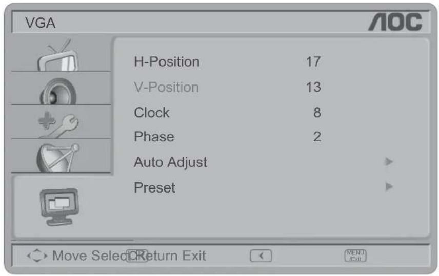 VGA H-Position 17 V-Position 13 Clock 8 Phase 2 Auto Adjust Preset Move Select Return Exit MENU /Ext