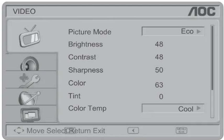 VIDEO Picture Mode Eco Brightness 48 Contrast 48 Sharpness 50 Color 63 Tint 0 Color Temp Cool Move Select Return Exit MENU /Exit