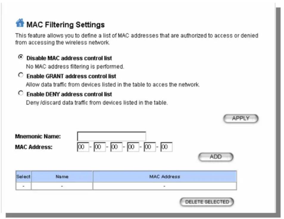 MAC Filtering Settings This feature allows you to define a list of MAC addresses that are authorized to access or denied from accessing the wireless network. Disable MAC address control list No MAC address filtering is performed. Enable GRANT address control list Allow data traffic from devices listed in the table to acces the network. Enable DENY address control list Deny /discard data traffic from devices listed in the table. APPLY Mnemonic Name: MAC Address: 00 - 00 - 00 - 00 - 00 - 00 ADD Select Name MAC Address - - - DELETE SELECTED