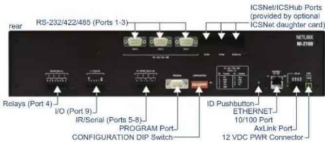 rear RS-232/422/485 (Ports 1-3) ICSNet/ICSHub Ports (provided by optional ICSNet daughter card) NETLUX M-2100 Relays (Port 4) I/O (Port 9) IR/Serial (Ports 5-8) PROGRAM Port CONFIGURATION DIP Switch ID Pushbutton ETHERNET 10/100 Port AxLink Port 12 VDC PWR Connector