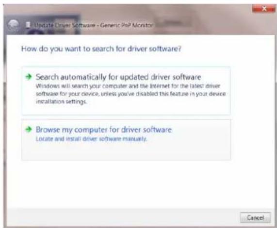 Update Driver Software - Generic PoP Monitor How do you want to search for driver software? → Search automatically for updated driver software Windows will search your computer and the Internet for the latest driver software for your device, unless you've disabled this feature in your device installation settings. → Browse my computer for driver software Locate and install driver software manually. Cancel