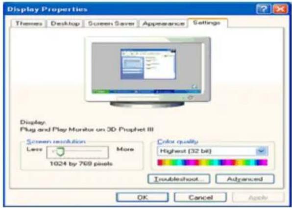 Display Properties Themes Desktop Screen Saver Appearance Settings Display: Plug and Play Monitor on 3D Prophet III Screen resolution More Less 1024 by 769 pixels Color quality Highest (32 bit) Troubleshoot Advanced OK Cancel Apply