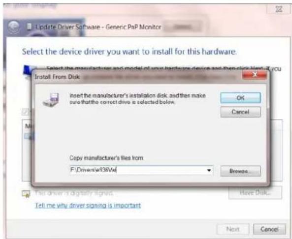 Update Driver Software - Generic PnP Monitor Select the device driver you want to install for this hardware. Select the manufacturer and model of your hardware device and then click Next if you Install From Disk Insert the manufacturer's installation disk, and then make sure that the correct drive is selected below. OK Cancel Copy manufacturer's files from F:\Driversie836V4\ Browse... This driver is digitally signed. Have Disk... Tell me why driver signing is important Next Cancel