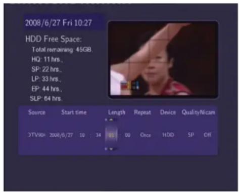 2008/6/27 Fri 10:27 HDD Free Space: Total remaining: 45GB. HQ: 11 hrs., SP: 22 hrs., LP: 33 hrs., EP: 44 hrs., SLP: 64 hrs.