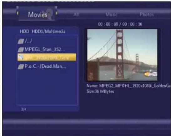 Movies All Music Photos 00 : 00 : 06 / 00 : 16 HDD HDD1/Multimedia /... MPEG1_Stan_352... HL_1920x1080_GoldenGa P.o.C. - [Dead Man... Name: MPEG2_MP@HL_1920x1080_GoldenGa Size:36 MBytes