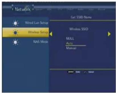 Network Wired Lan Setup Wireless Setup NAS Mode Get SSHID Name Wireless SSID NULL Auto Manual